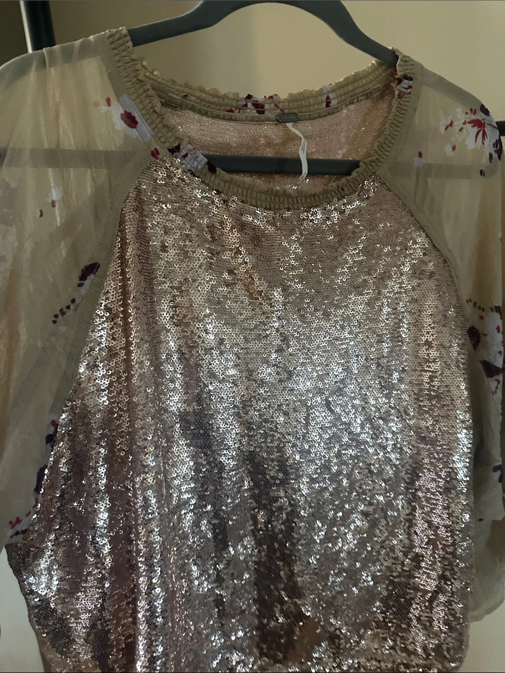 Free People Rose Gold Sequin Crop Top with Floral Chiffon Sleeves